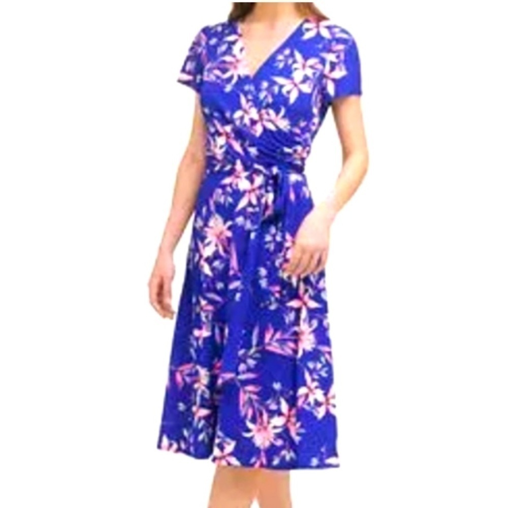 ✨3/$21✨ Eliza J Cobalt Blue Pink Floral Faux Wrap Short Sleeve Midi Dress Small